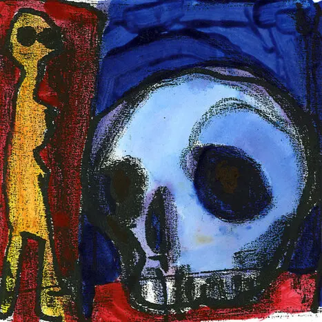 Galeriewand mit leuchtenden Illustrationen und Besuchern